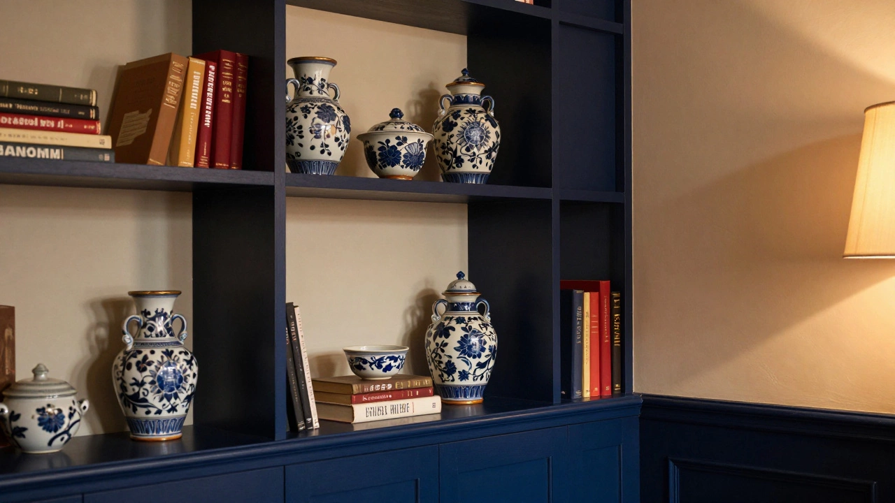 Navy blue bookcase contrasting with cream walls displaying books