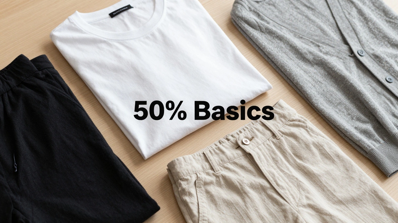 Neutral basic clothing items laid out on wood