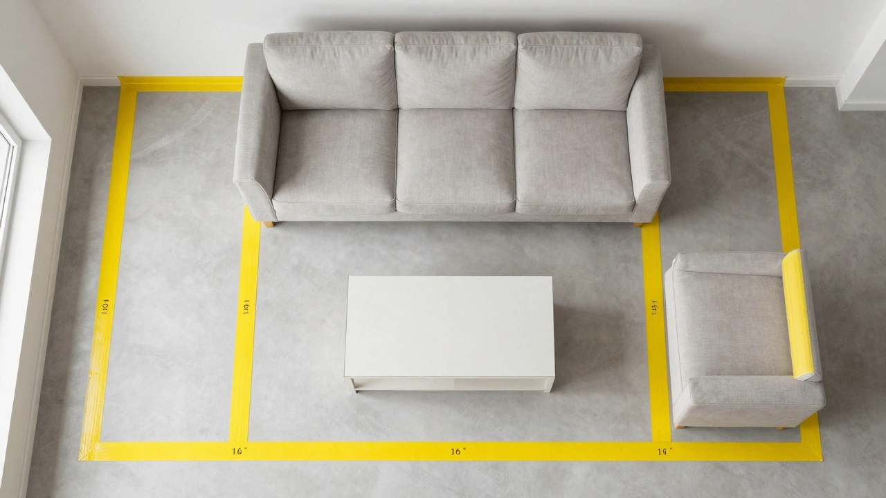 Overhead view of living room floor marked with tape for furniture spacing