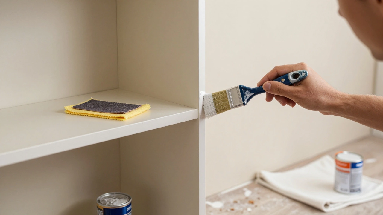 Painter applying gloss paint to MDF bookcase shelves