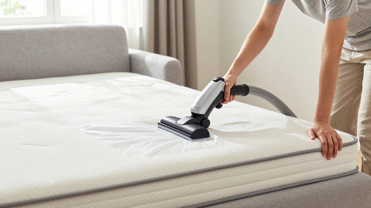 Person cleaning and rotating a sofa bed mattress to maintain its condition.