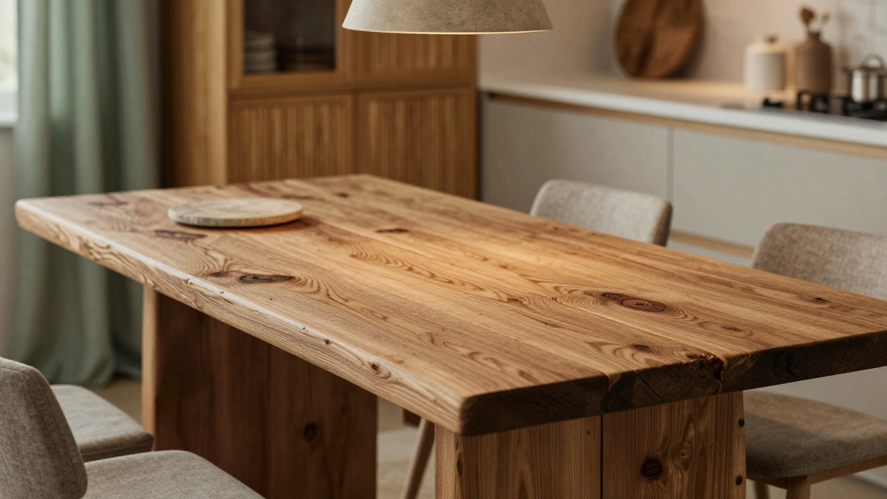 Reclaimed wood dining table with natural textures and warm lighting