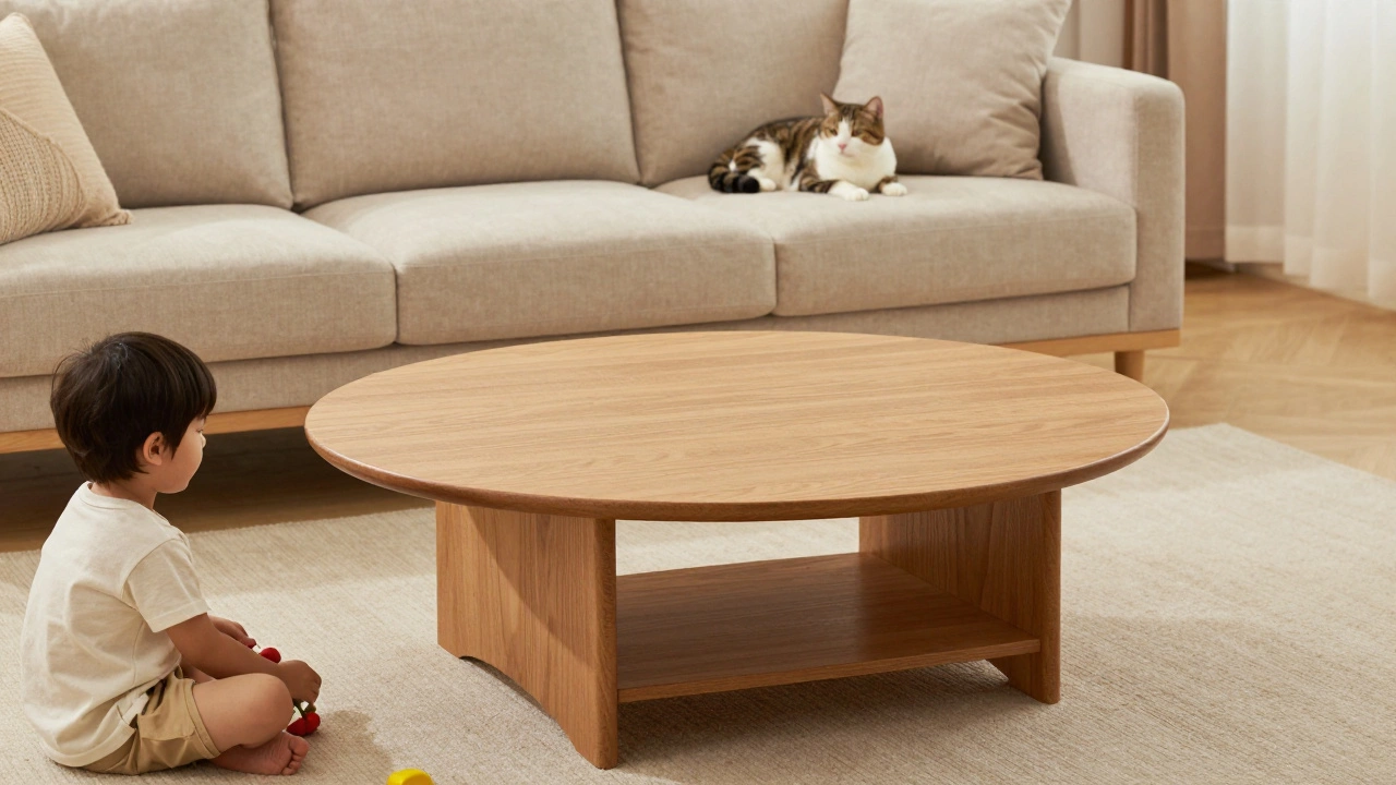 Round coffee table with safe clearance for children and pets in living room