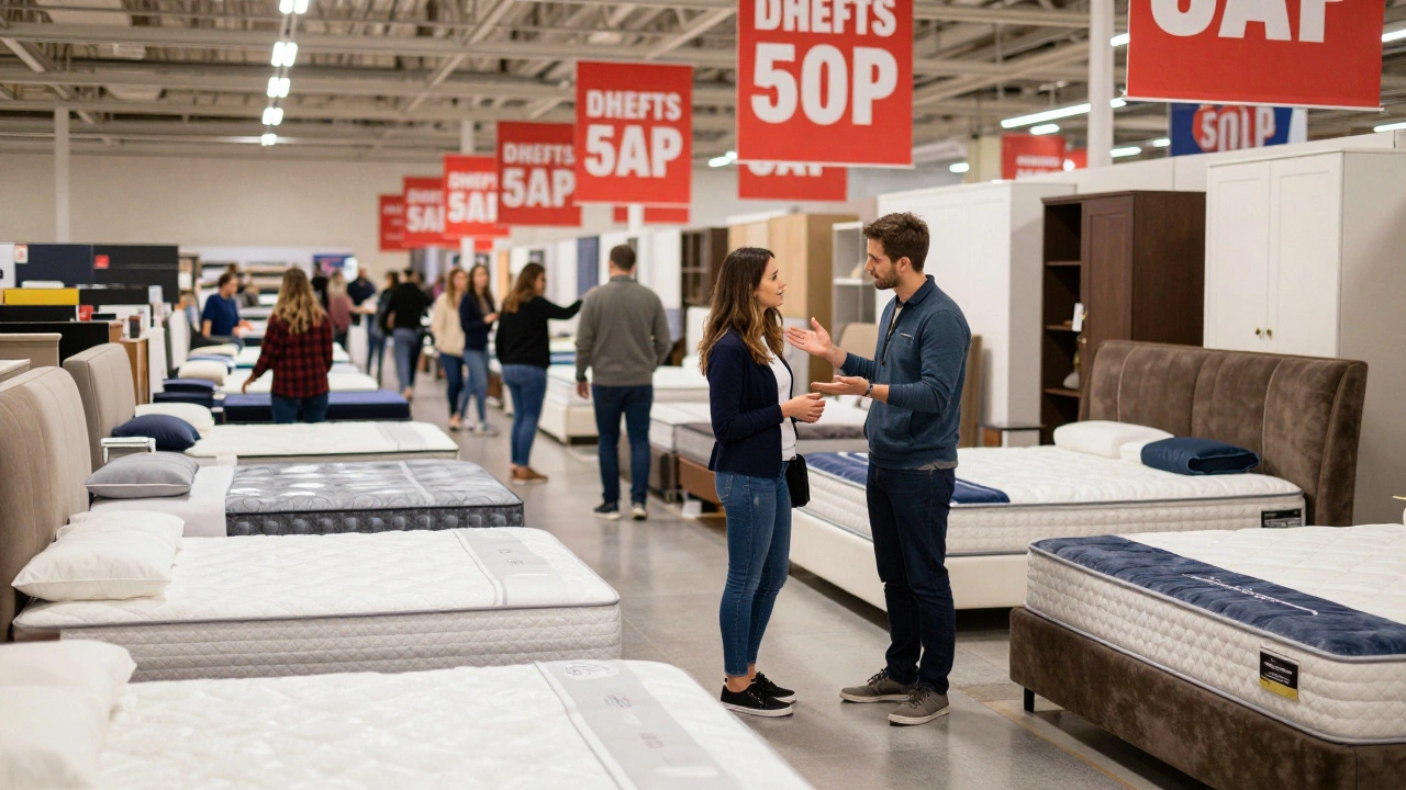 Shoppers browsing discounted bedroom furniture in a busy showroom