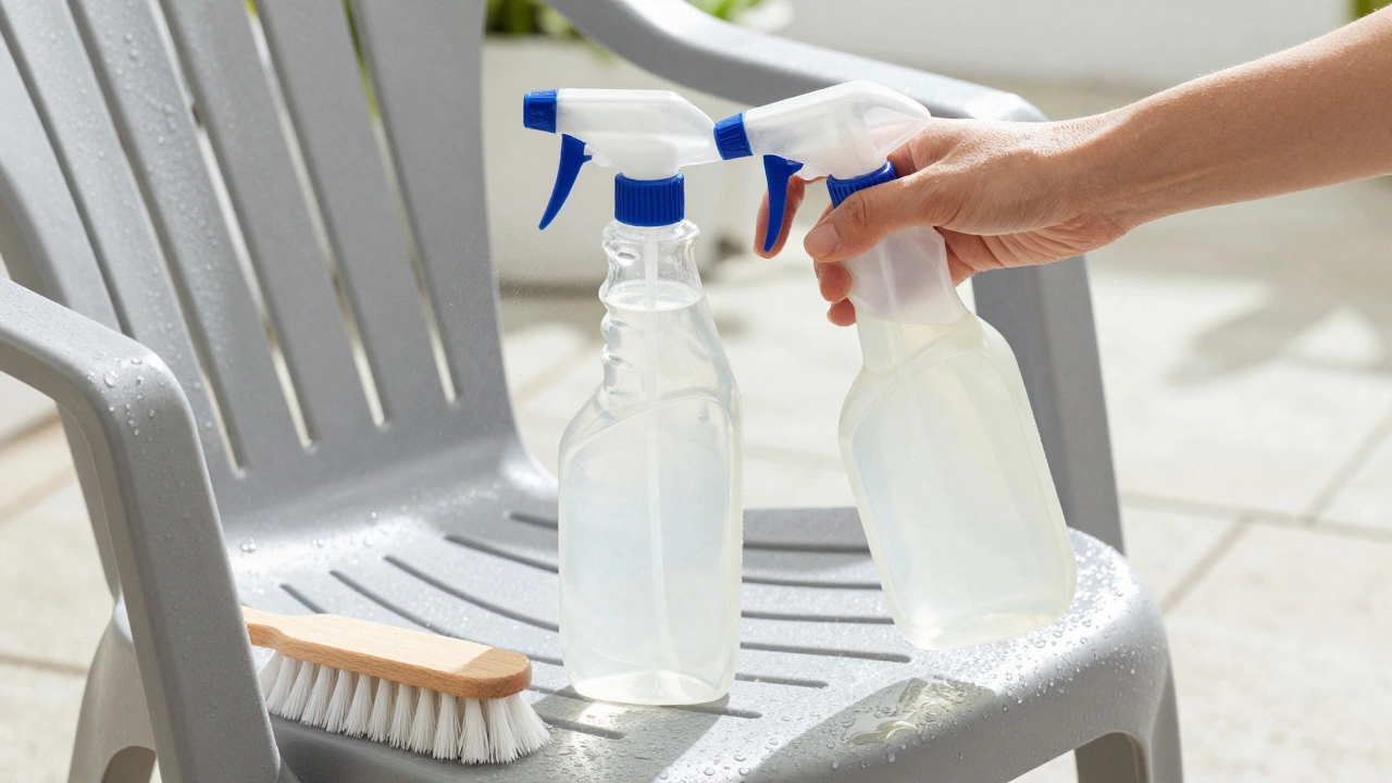 Spray bottle applying vinegar solution to clean plastic patio chair