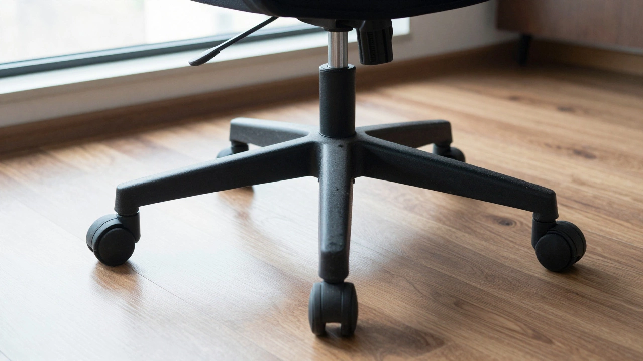 Sturdy five-point chair base with rubber casters on hardwood floor