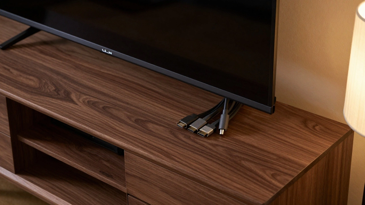 Sturdy wooden media console holding a TV with hidden cables