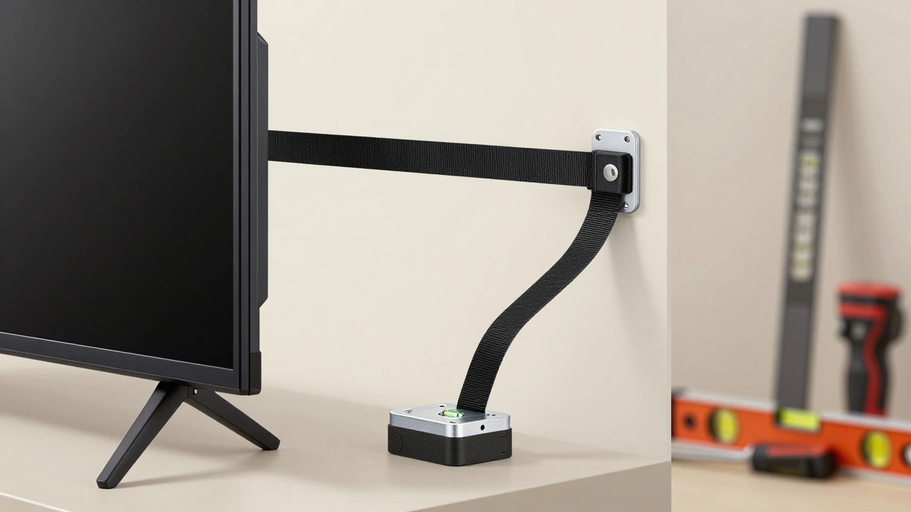 Universal TV feet and anti-tip strap for safe installation