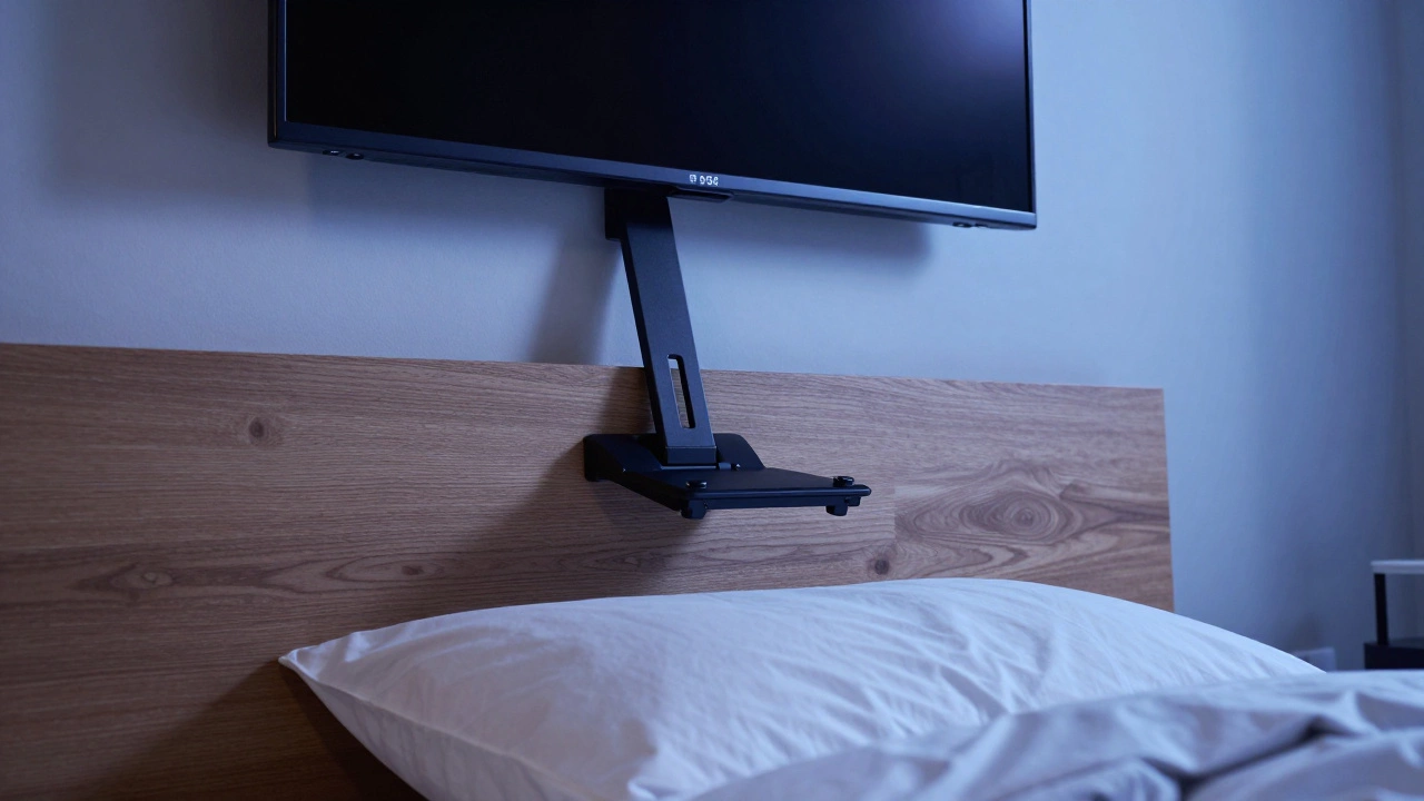 Bedroom TV on an articulating mount, tilted down for comfortable viewing from bed.