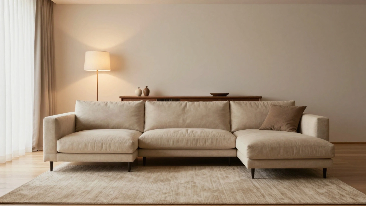 Beige sofa with console table behind it defining zones