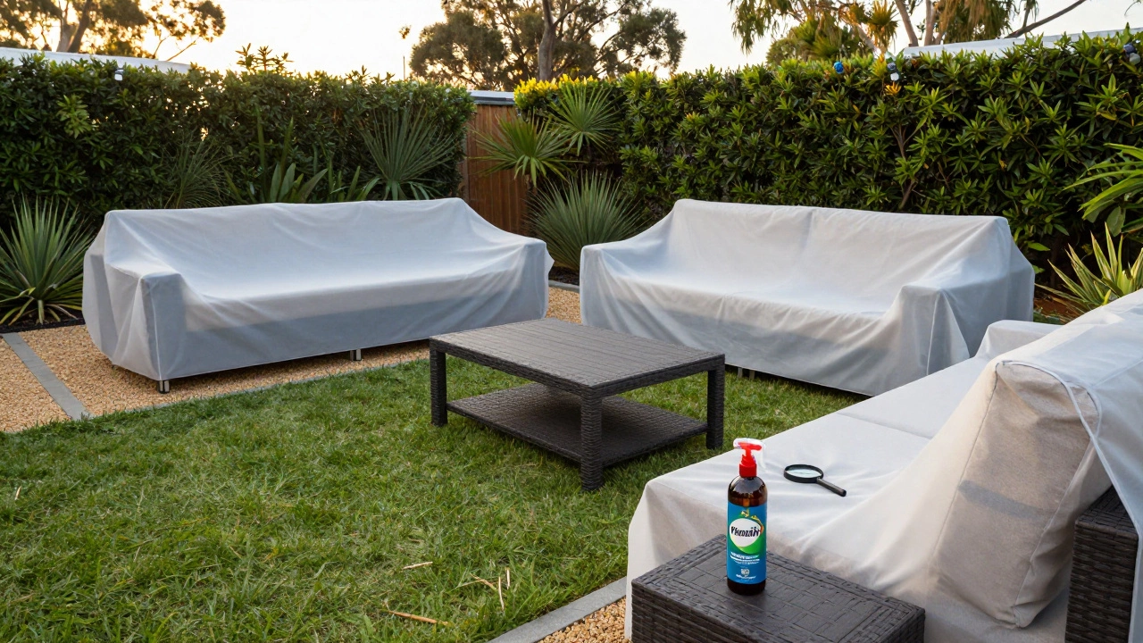 Clean patio with covered furniture, trimmed grass, and pest prevention supplies