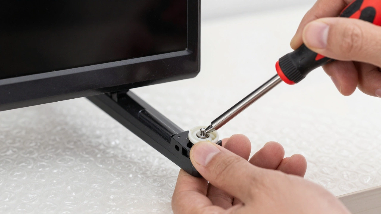 Close-up of hands attaching TV stand legs with screwdriver