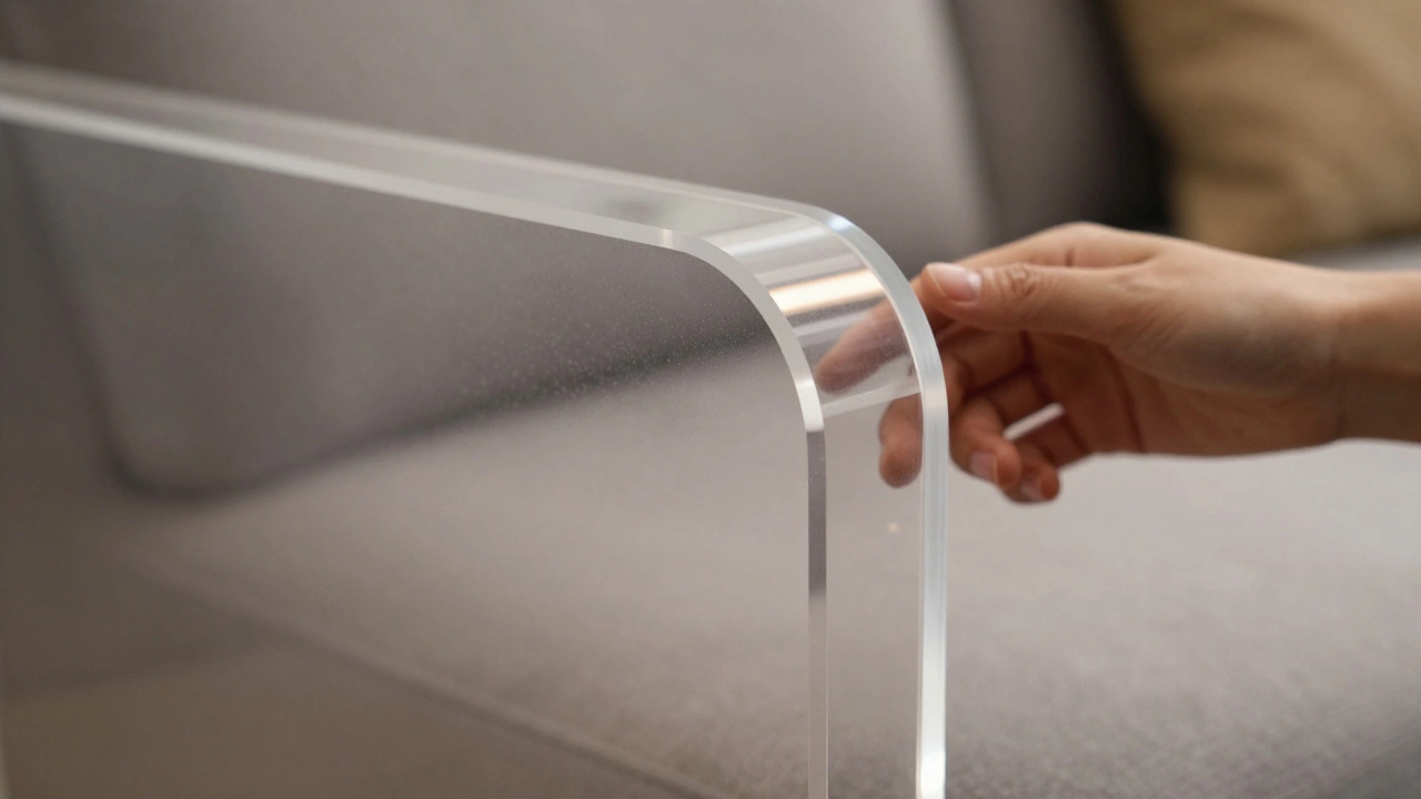 Close-up of thick, scratch-resistant cast acrylic sofa armrest reflecting light