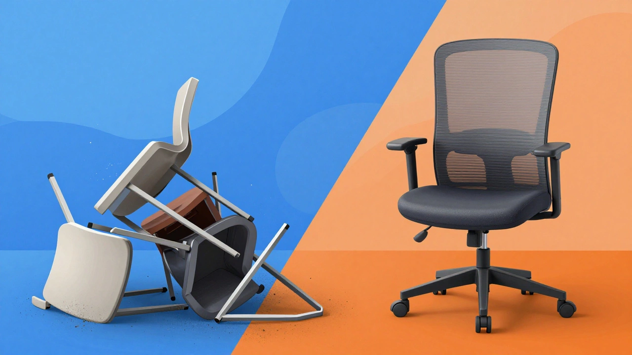 Comparison of broken cheap chairs versus one durable premium office chair