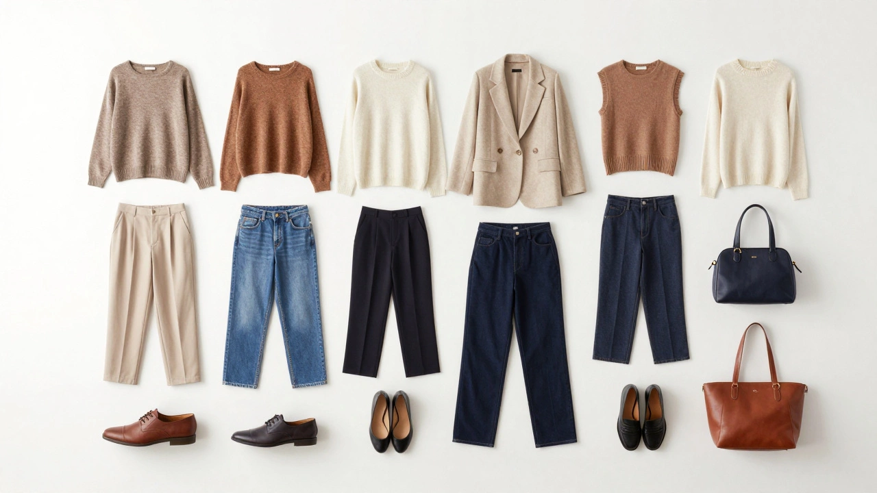 Flat lay of 33 curated capsule wardrobe items