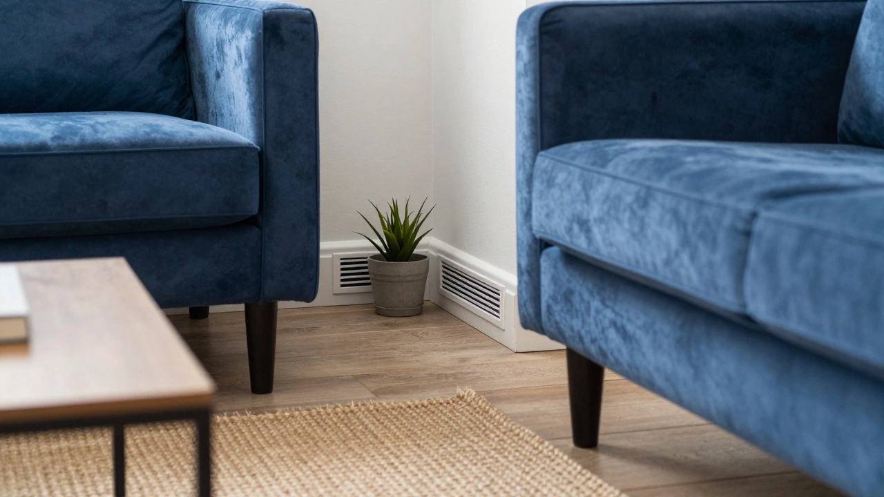 Gap between blue sofa and wall showing airflow space