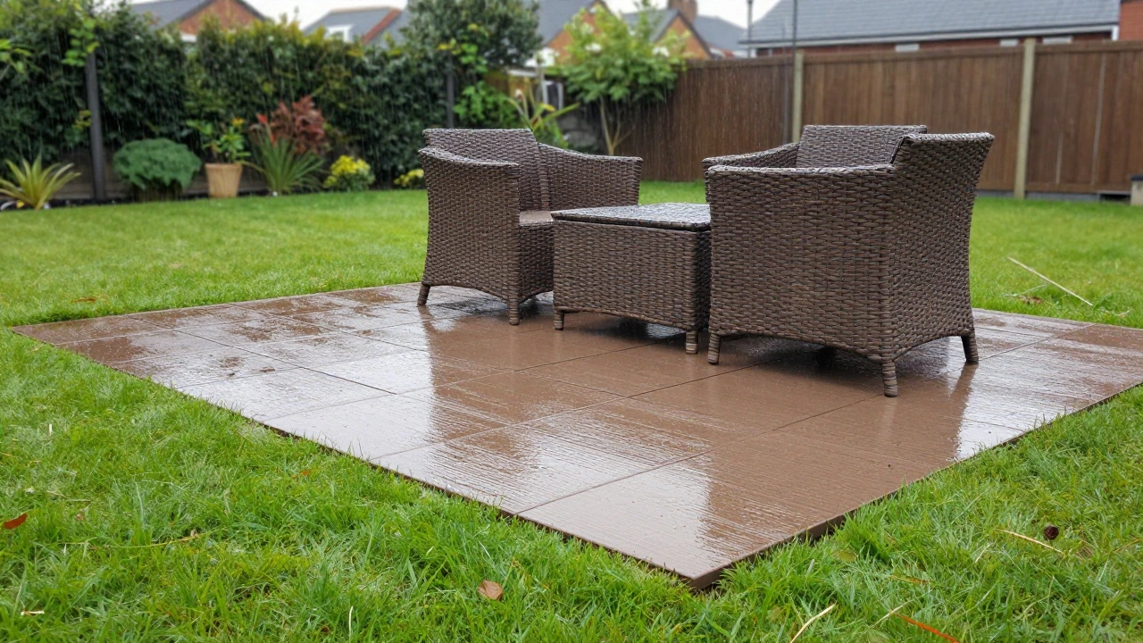 Garden furniture on interlocking deck tiles over grassy lawn