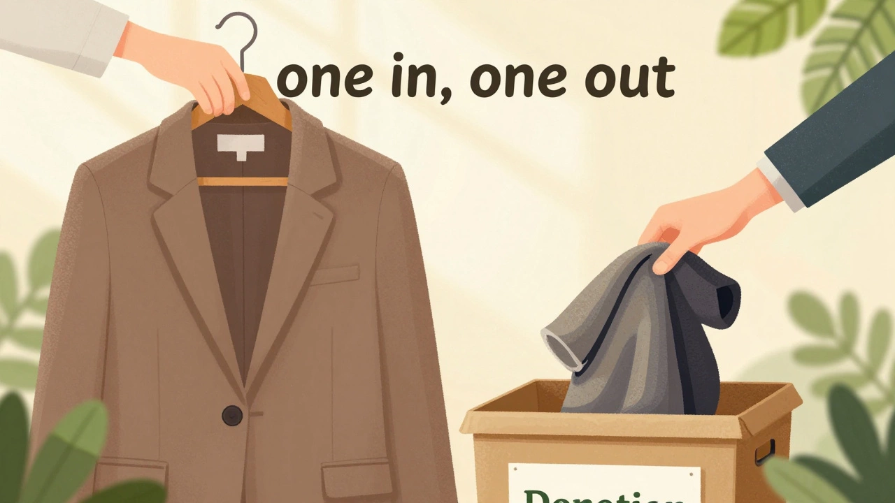 Hand exchanging new quality coat for old donated item