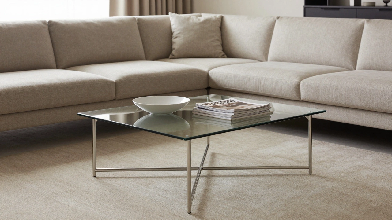 Minimalist living room with glass coffee table balancing low sofa