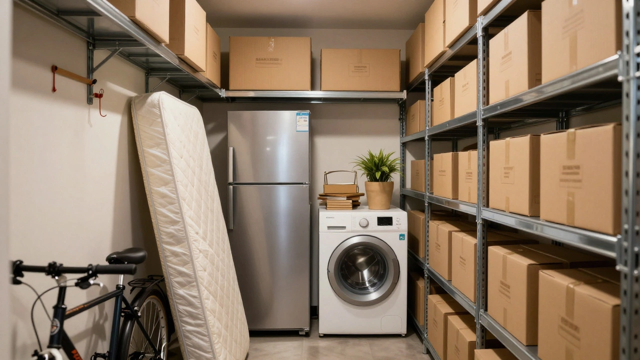 Organized storage unit with shelves, boxes, fridge, and mattress