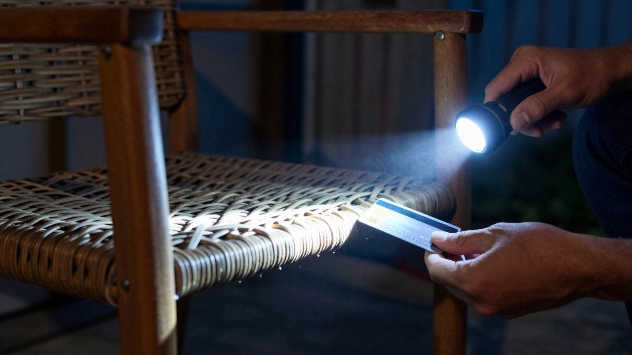 Person using flashlight and card to inspect wicker chair