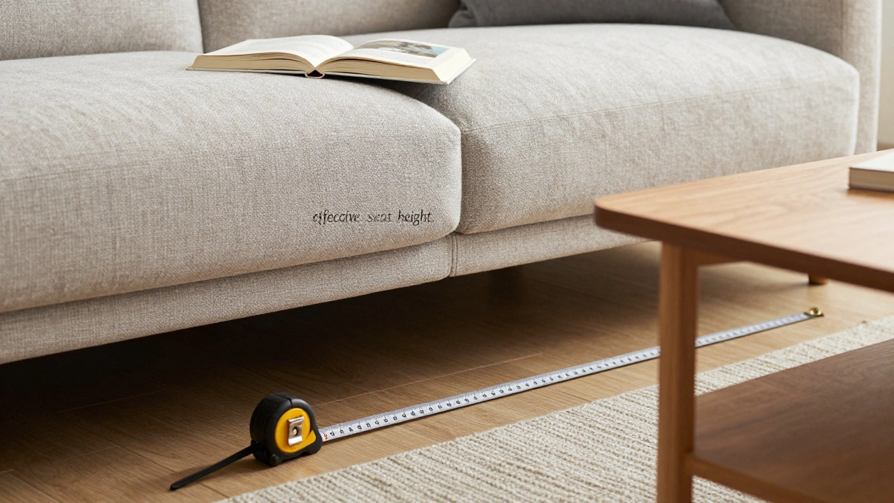 Tape measure and book on sofa showing effective seat height measurement