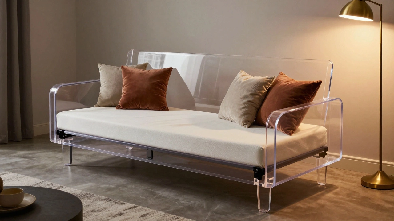 Transparent ghost sofa converted into a bed with memory foam mattress