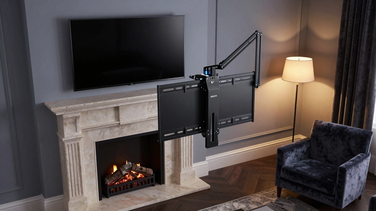 TV mounted above a fireplace on a tilting bracket to reduce neck strain for viewers.