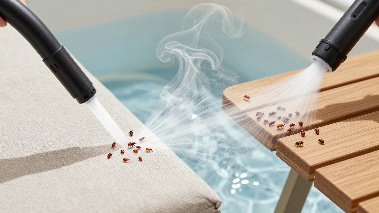 Visual guide showing vacuuming, pressure washing, and hot water cleaning of furniture