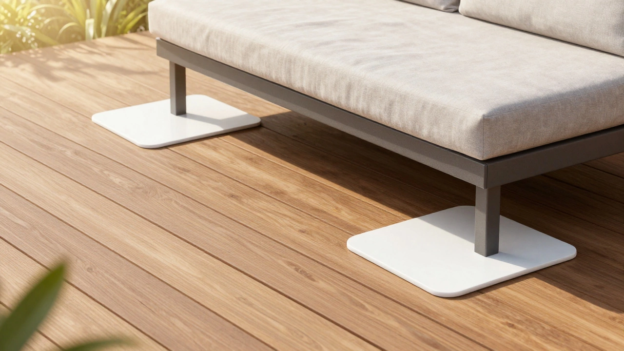White deck protectors under outdoor sofa legs on wooden decking