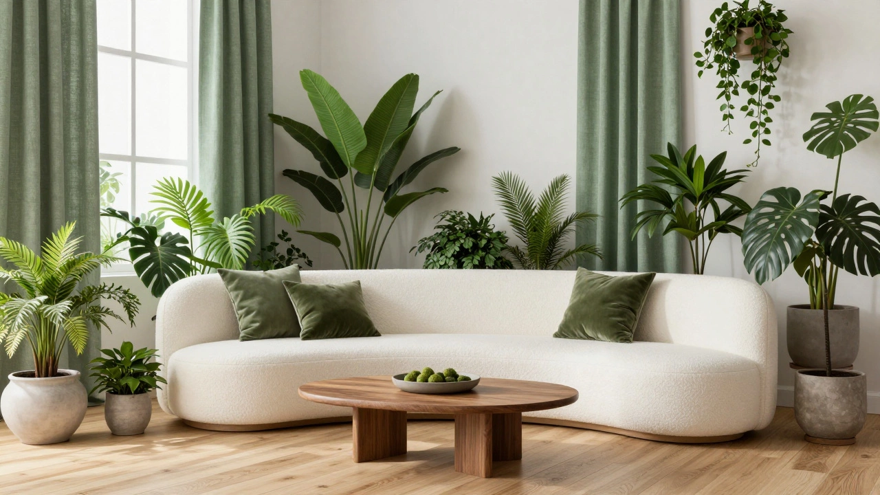 White sofa surrounded by sage green decor and plants