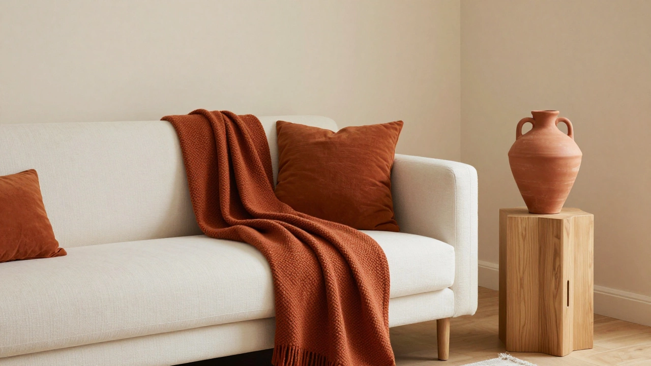 White sofa with terracotta and burnt orange accents