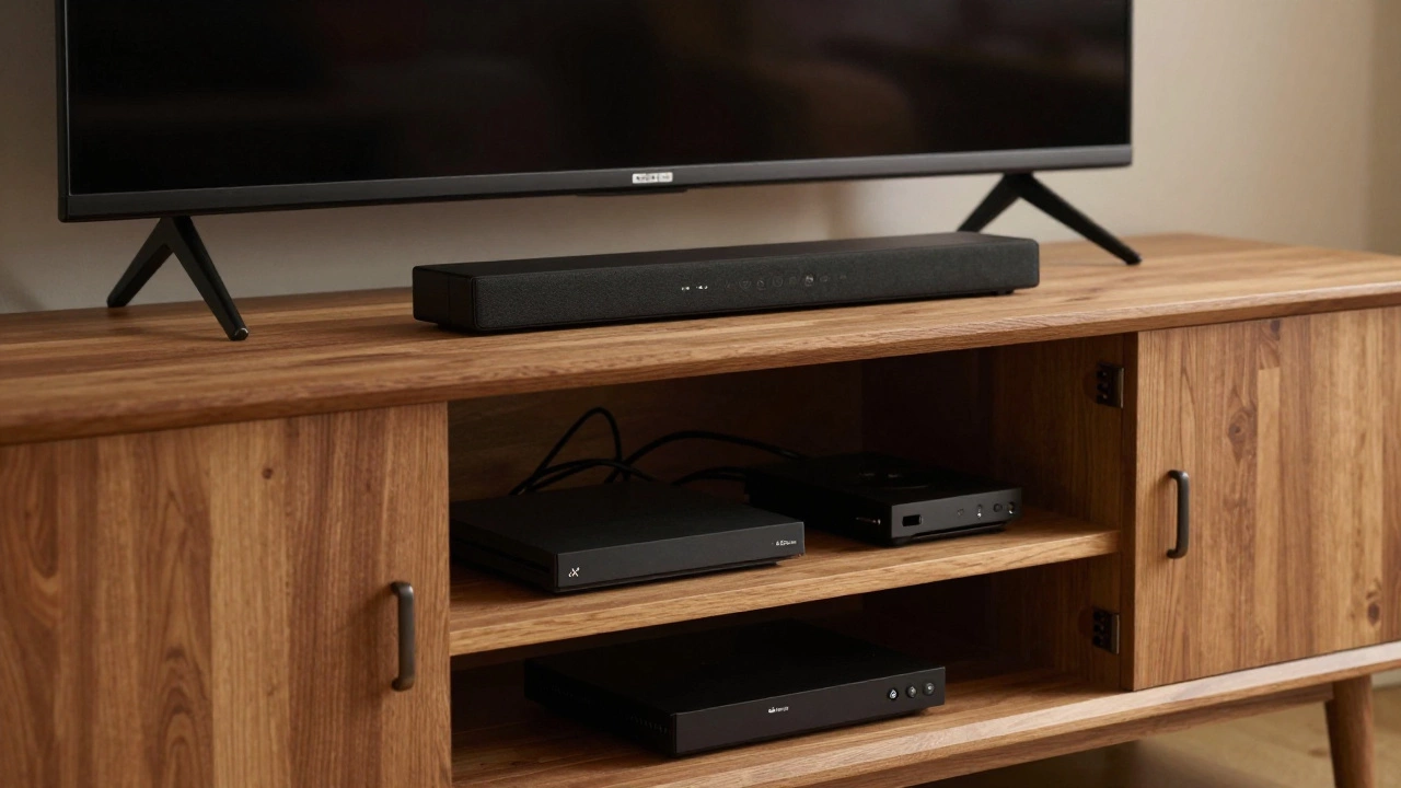 Wooden TV stand holding soundbar and consoles under a wall-mounted television