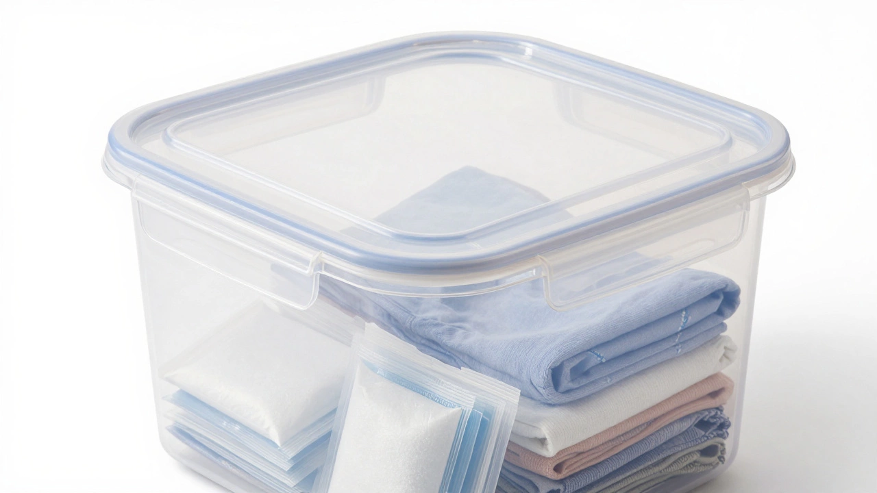 Airtight plastic bin with desiccants protecting clothes