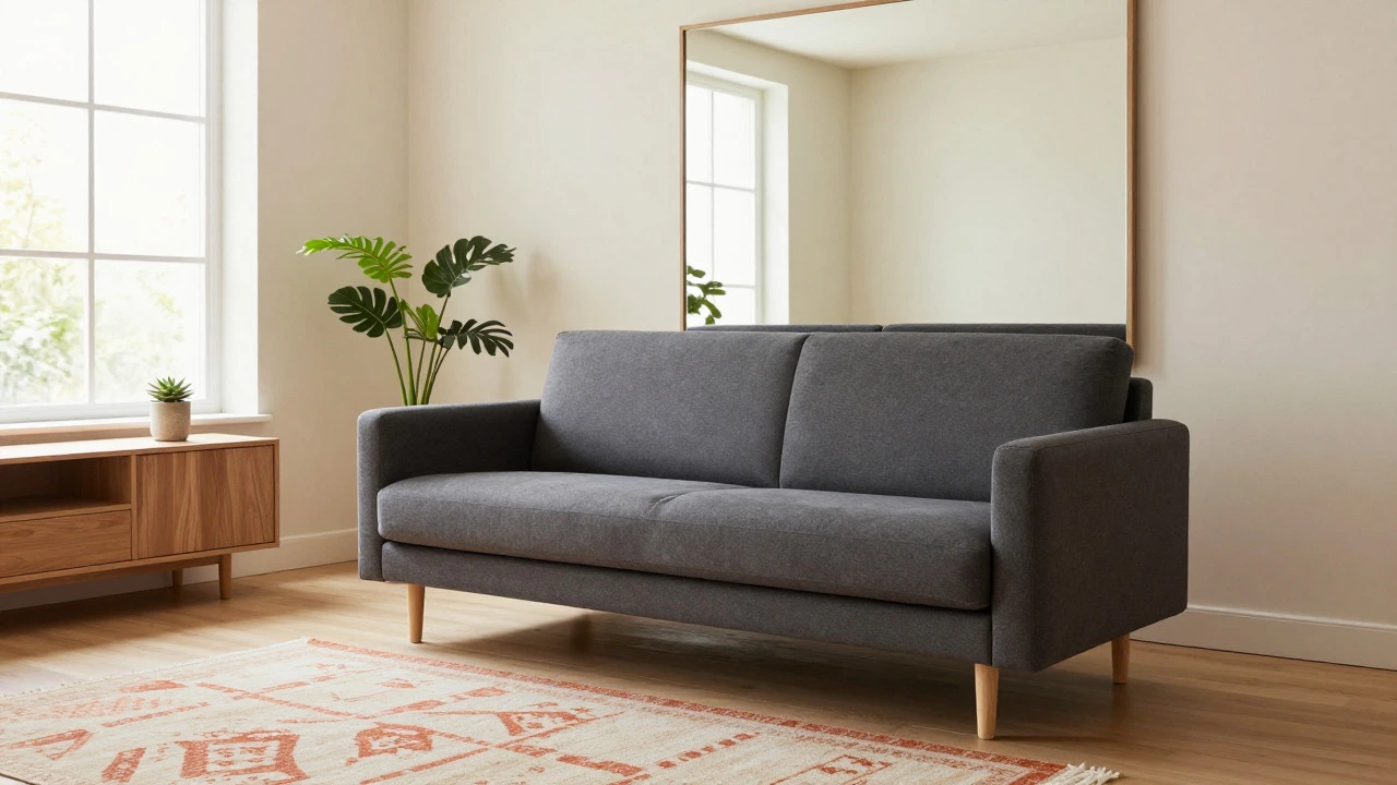 Bright living room with dark grey sofa, exposed legs, and warm cream walls