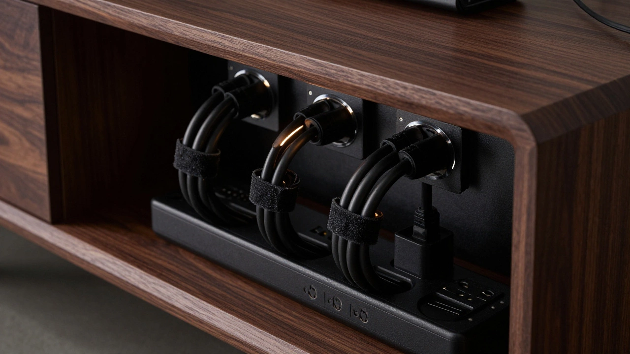 Close up of organized cables and power strip in TV stand