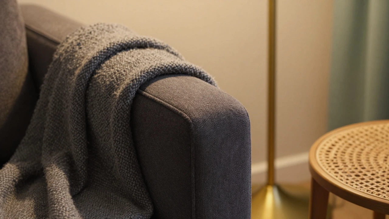 Close-up of textured blankets and brass accents next to a dark grey couch arm