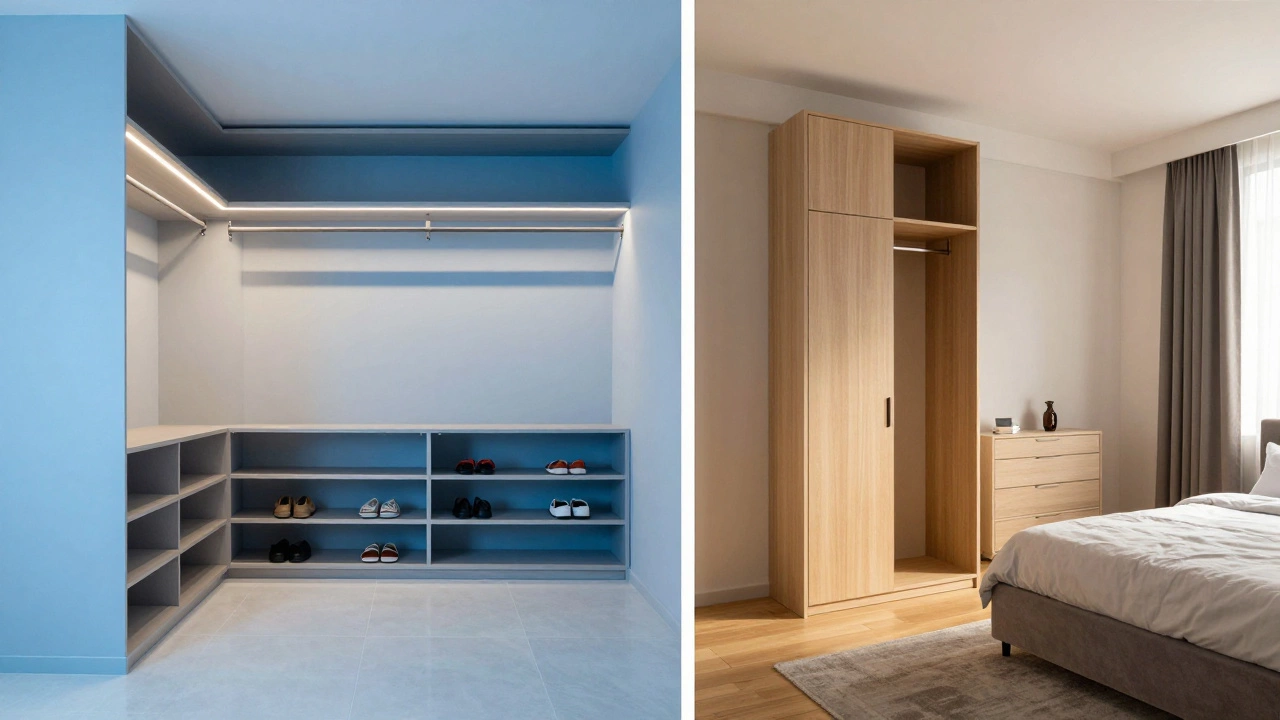 Comparison of a luxury walk-in closet and a compact apartment with an armoire