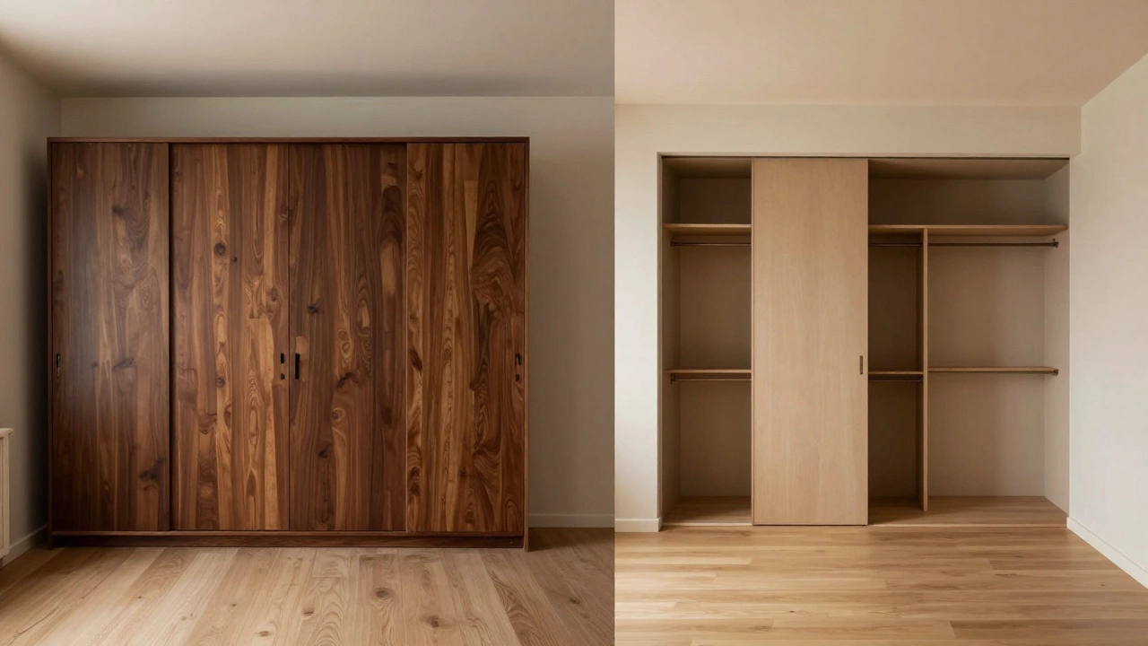 Comparison of bulky armoire versus space-saving recessed closets