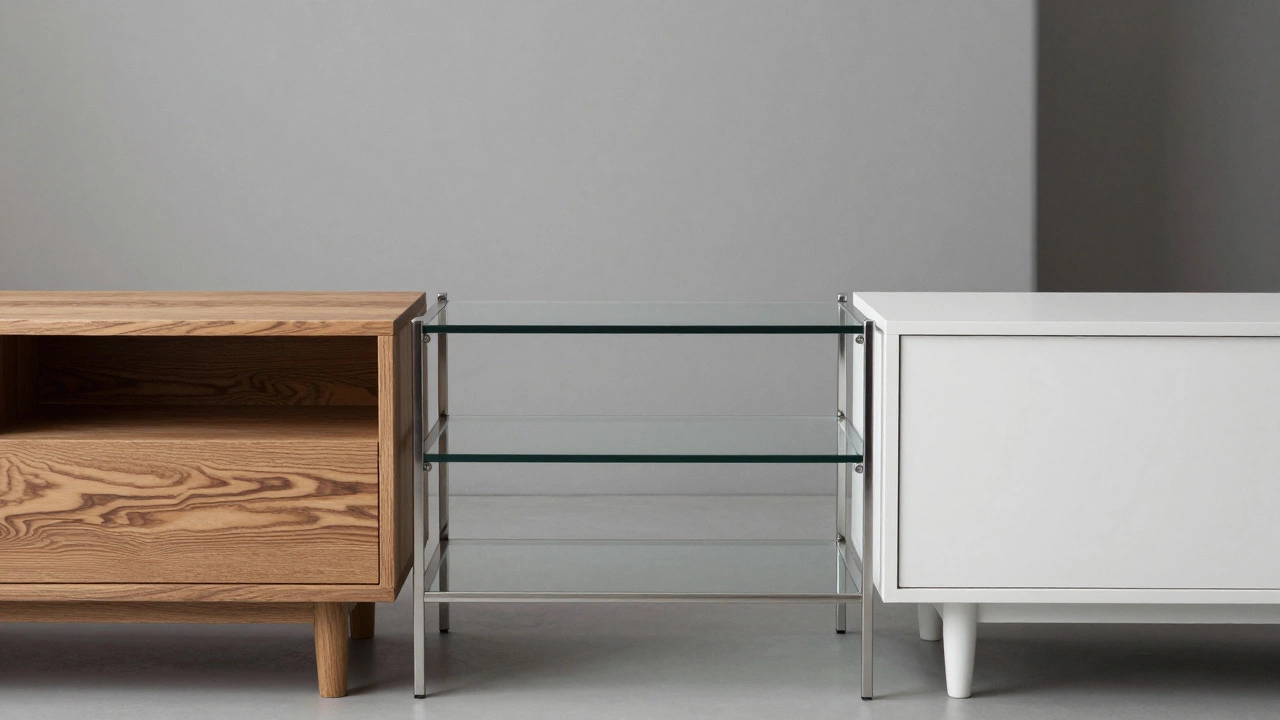 Comparison of oak, metal, and white TV stands in studio
