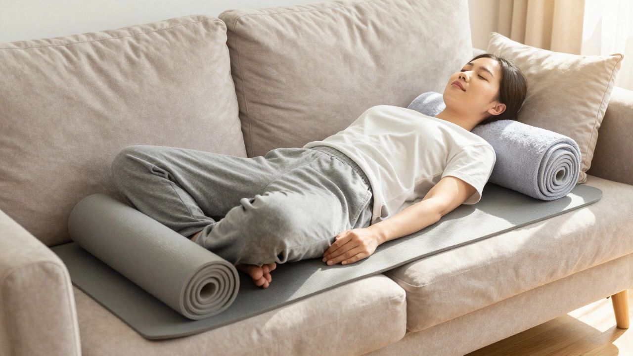 Ergonomic setup on a sofa using a yoga mat and strategic pillows for better spinal support.