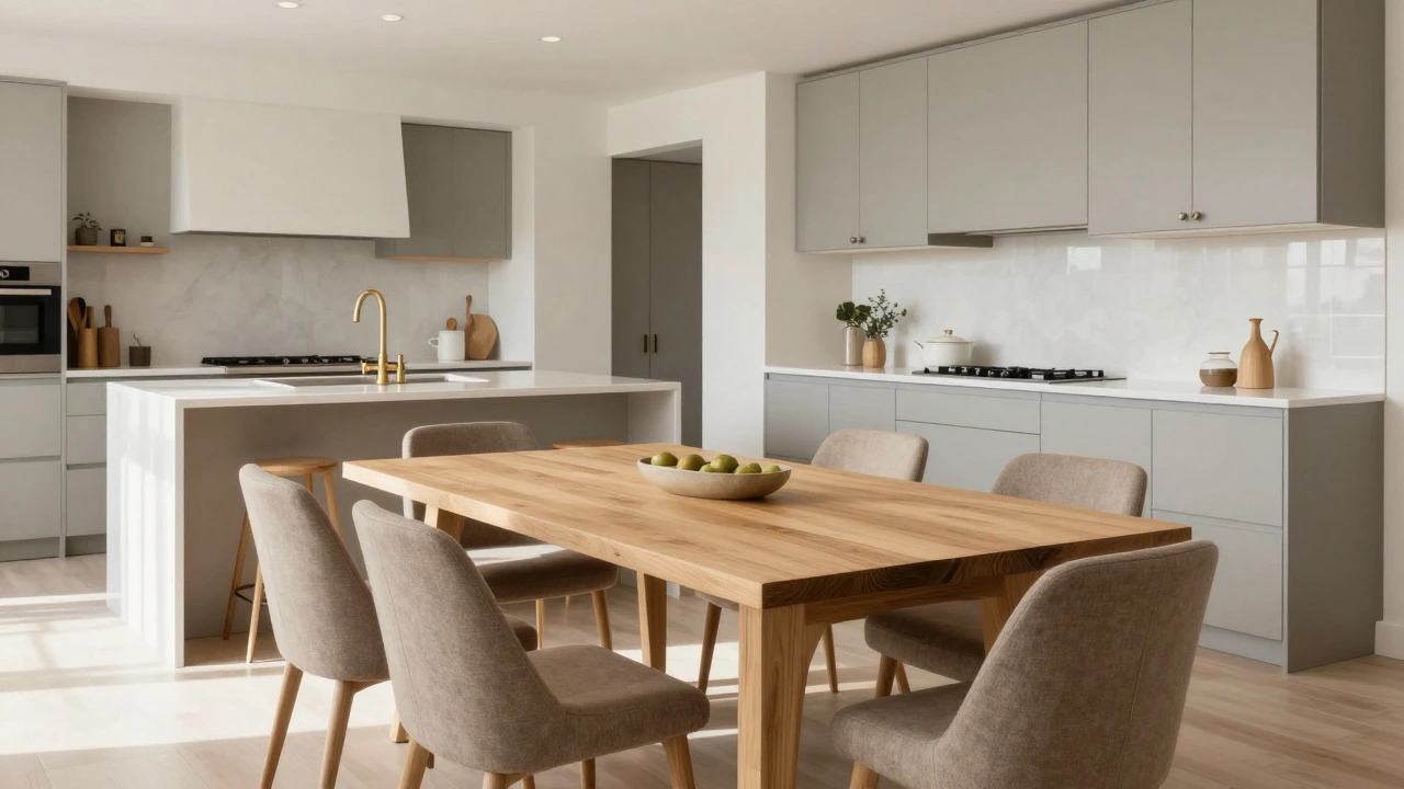Light oak dining table and greige kitchen island in bright space
