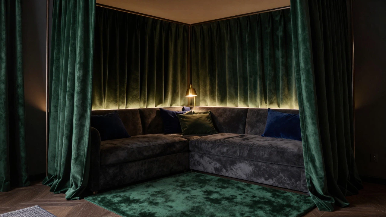 Moody bedroom with dark green velvet furniture and warm lighting