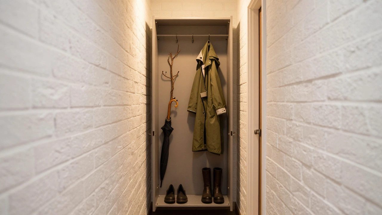 Narrow hall tree with coats and shoes in an entryway