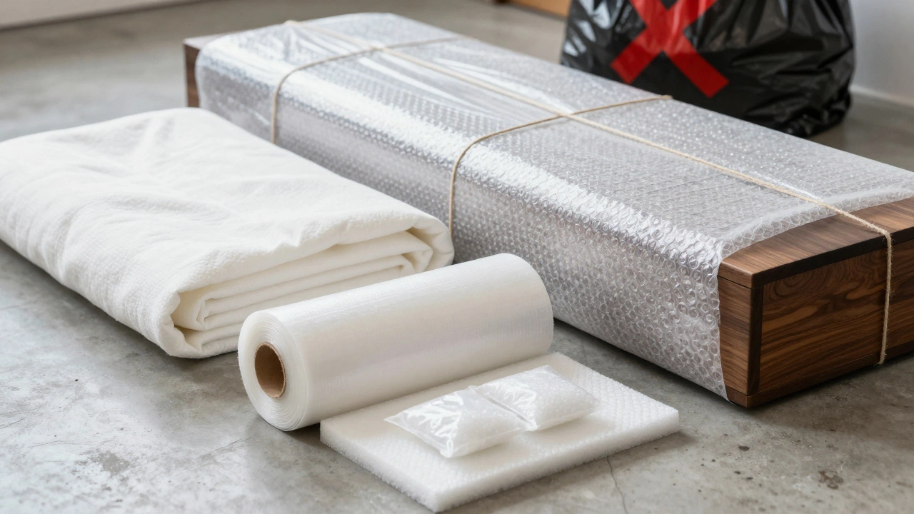 Neatly arranged furniture blankets, stretch wrap, and silica gel packets for safe packing.