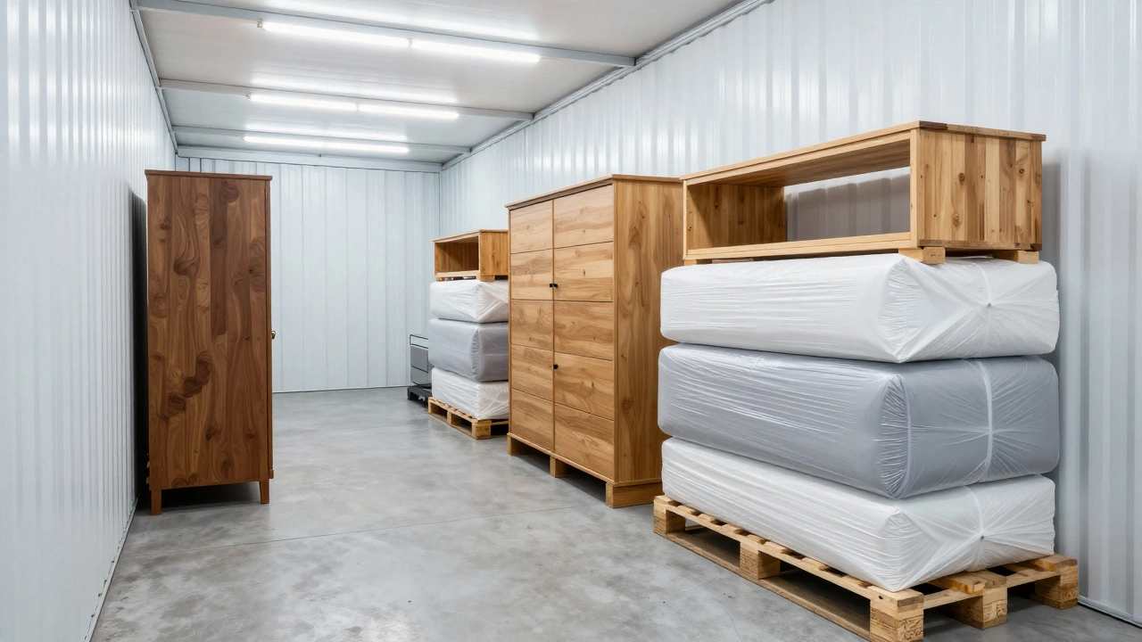 Organized climate-controlled storage unit with furniture on pallets and clear walkways.
