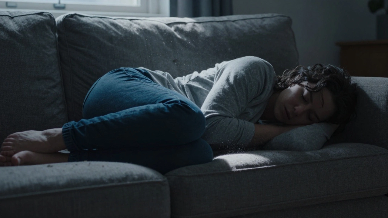 Person sleeping uncomfortably on a dusty sofa with poor posture and restricted breathing.