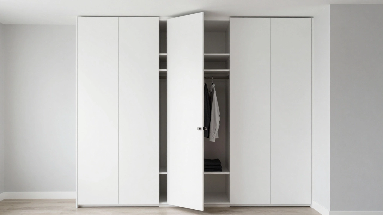 Sleek built-in reach-in closet with white doors blending into wall