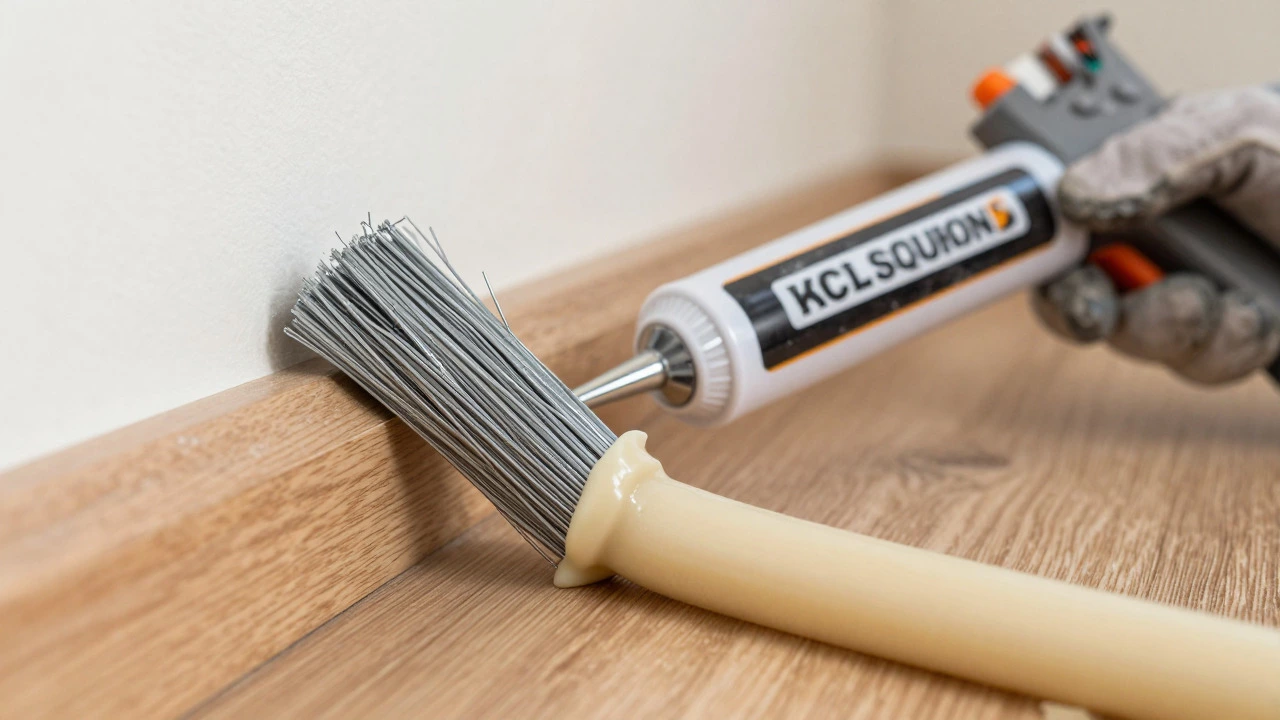 Steel wool and caulk sealing a gap at the base of a wall