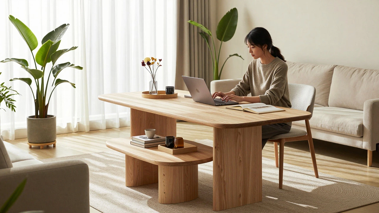 Tall coffee table used as a desk with plants and decor styling